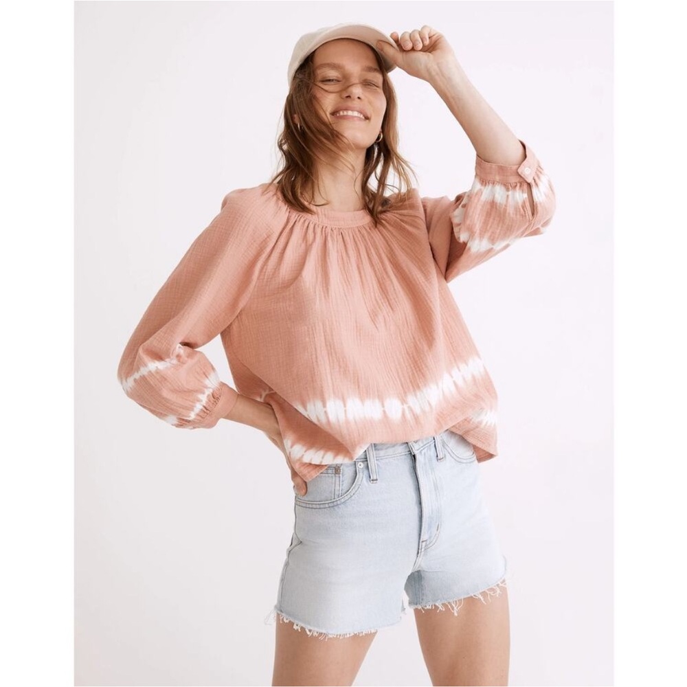 Madewell Pink Smocked 3/4 Sleeve Blouse